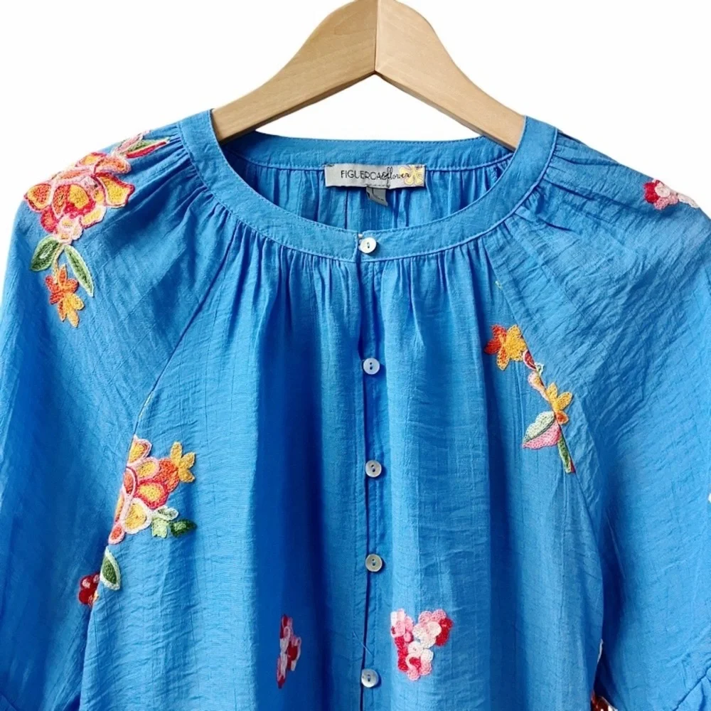 Figueroa & Flower Womens Embroidered Blouse SIZE Large Blue Balloon Sleeves NEW - Picture 10 of 14